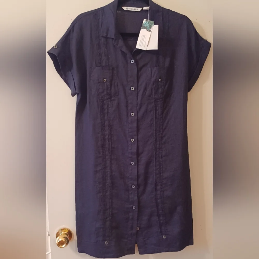 NWT Cubavera 100% linen short sleeve button up dress black Small - Picture 1 of 8